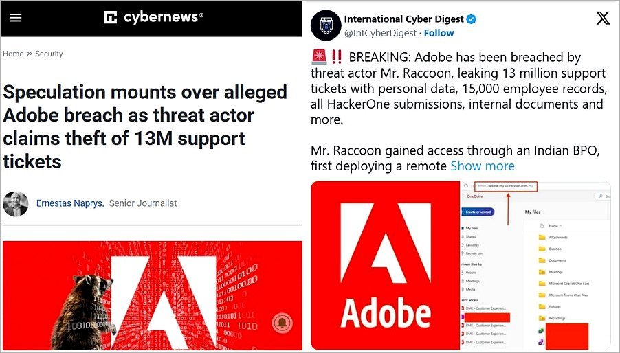 Visualisation of the alleged 2026 Adobe data breach scope - 13 million support tickets, 15,000 employee records
