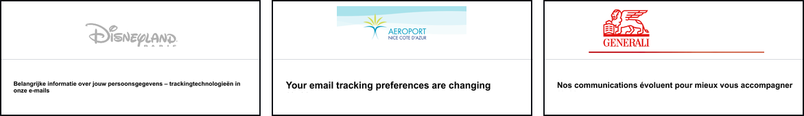 Three real email tracking consent notices side by side: Disneyland Paris, Aéroports de la Côte d'Azur and Generali